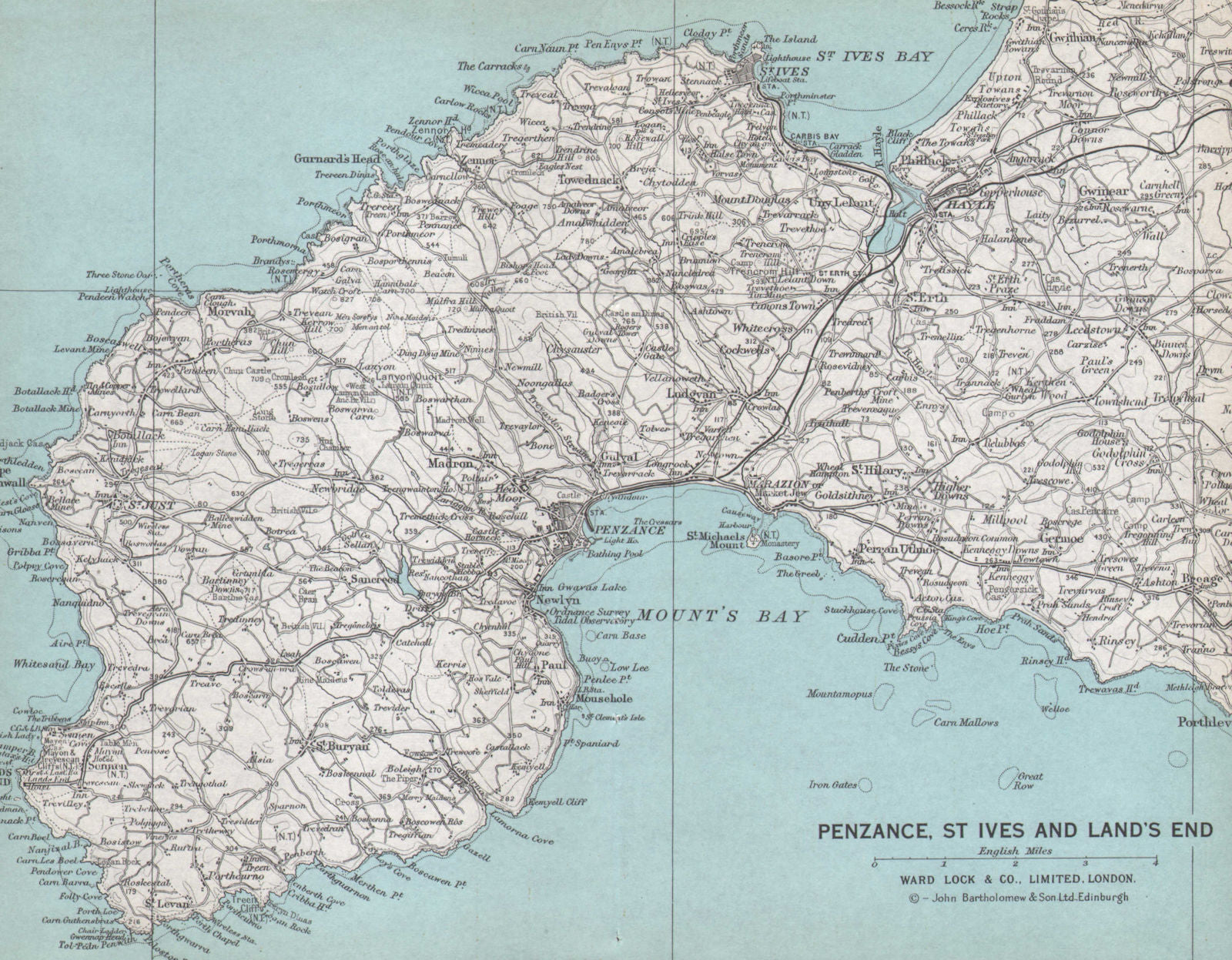 PENWITH. Penzance St. Ives Land's End. West Cornwall. WARD LOCK 1968 old map